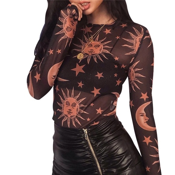 Celestial Sun Moon Sheer Mesh Crop Top - Picture 4 of 8